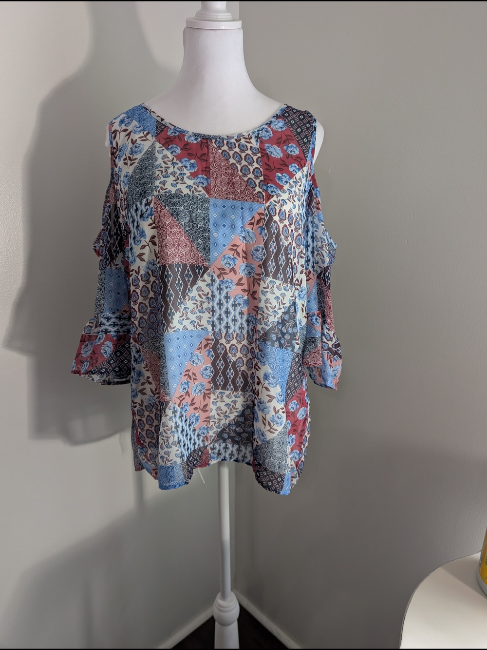 Sara Michelle Patchwork Cold-Shoulder Blouse in Blue, Pink, Cream